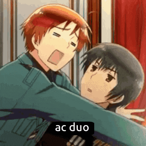 a couple of anime characters standing next to each other with the words ac duo written on the bottom .