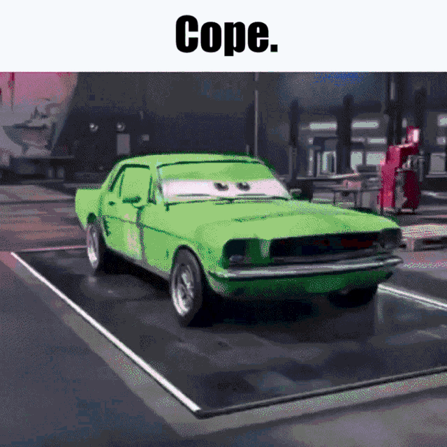 a green car with a caption that says cope on it