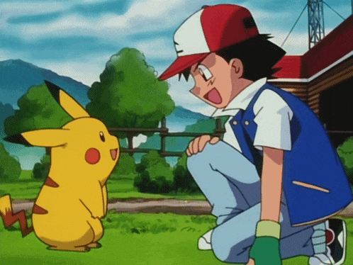 a boy and a pikachu are looking at each other in a field