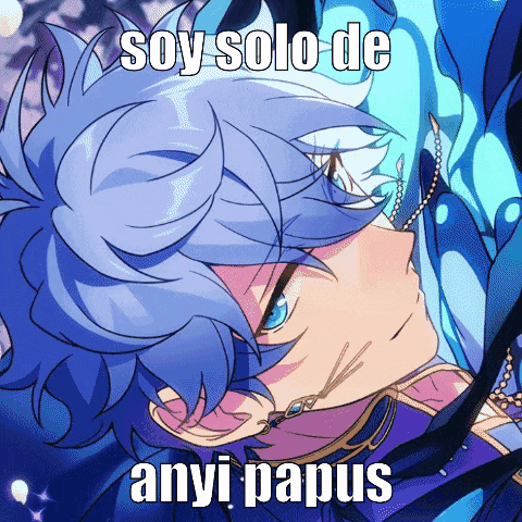a blue haired anime character with the words soy solo de anyi papus written above him