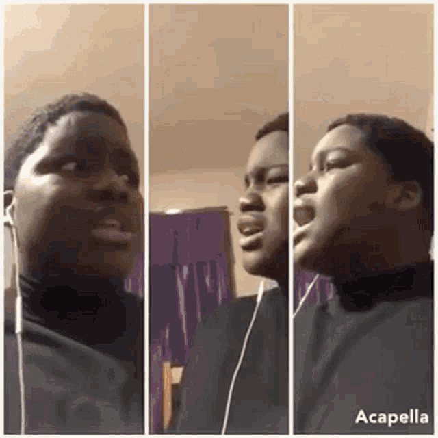 a collage of three pictures of a boy singing with headphones and the word acapella at the bottom