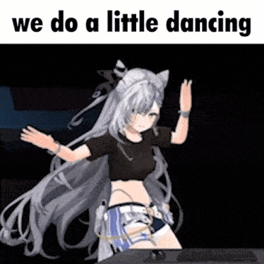 a picture of a girl dancing with the words we do a little dancing above her .