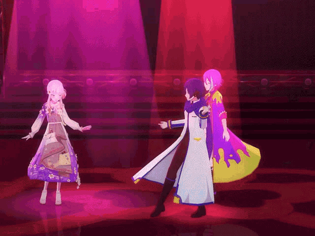 two anime characters are dancing on a stage