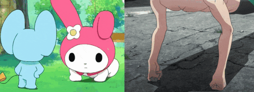 a cartoon bunny with a flower on its head next to a picture of a naked person