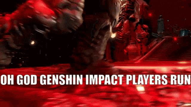 a video game scene with the words " oh god genshin impact players run " on the bottom