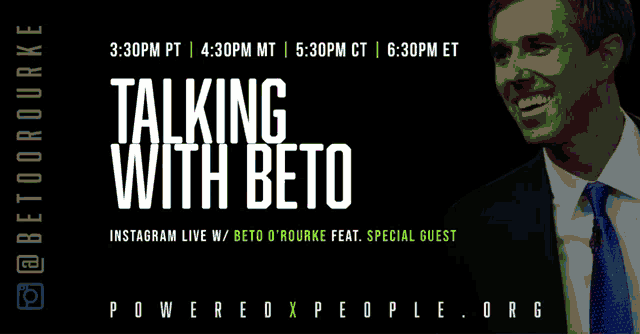 a poster for talking with beto shows a man in a suit
