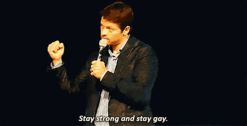a man is standing in front of a microphone on a stage and says `` stay strong and stay gay '' .