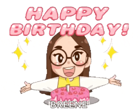 a cartoon girl with glasses is holding a birthday cake and says happy birthday breene .