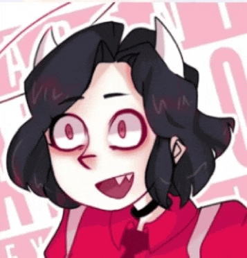 a close up of a cartoon character with horns and a choker