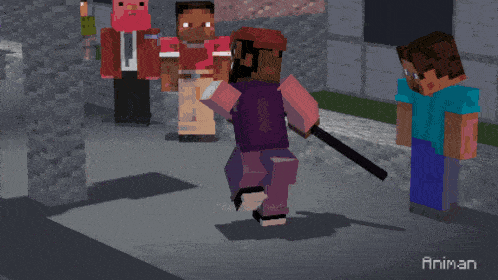 a minecraft character with a blue shirt and purple pants is standing in front of a wall