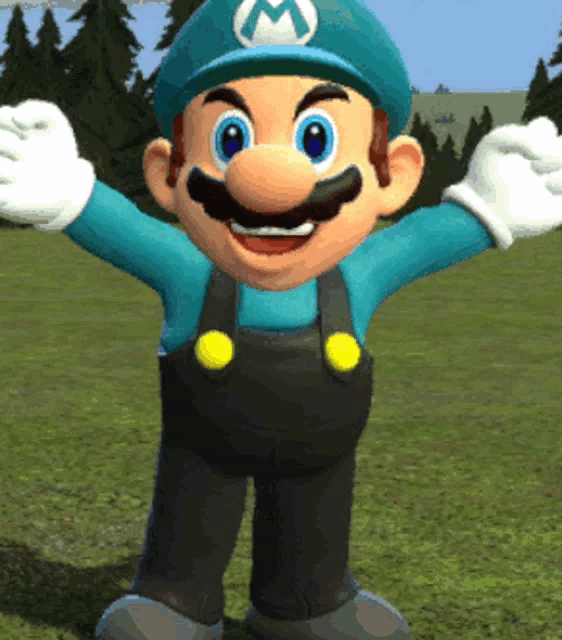 a cartoon character wearing overalls and a hat with a letter m on it