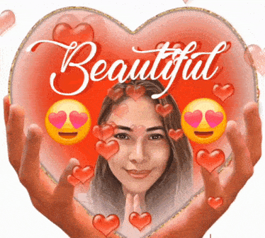 a woman 's face is surrounded by hearts and says beautiful