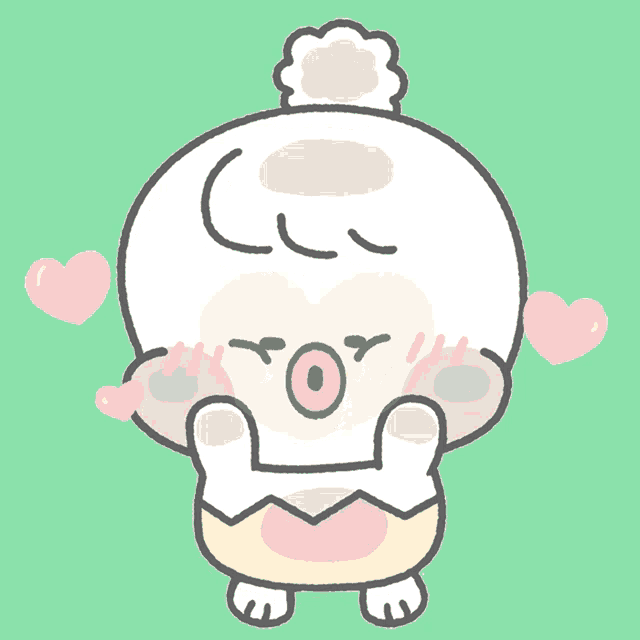 a cartoon drawing of a chicken with pink hearts surrounding it