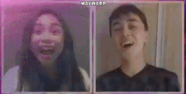 a man and a woman are laughing together on a video call with mayward written on the bottom of the screen .