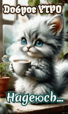 a picture of a kitten holding a cup of coffee with the words " доброе утро " written above it
