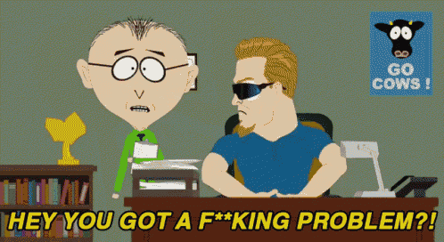 a cartoon of a man sitting at a desk with a poster that says go cows