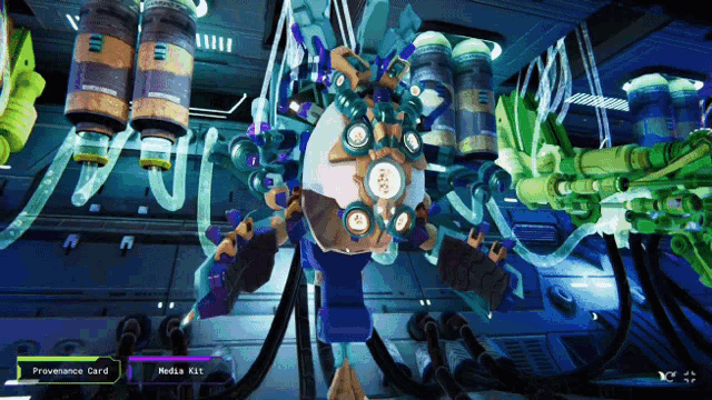 a video game screen shows a robot with a provenance card and a media kill button