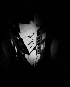 a black and white drawing of a man with a hat and a gun in a dark room .