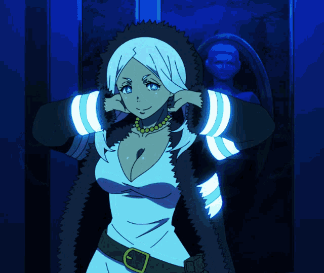 a woman with white hair and a necklace stands in front of a mirror