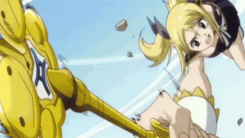 a girl in a white dress is flying through the air while holding a yellow hammer .