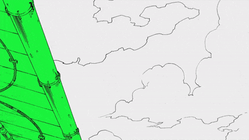 a drawing of a city with a green roof and a green sky