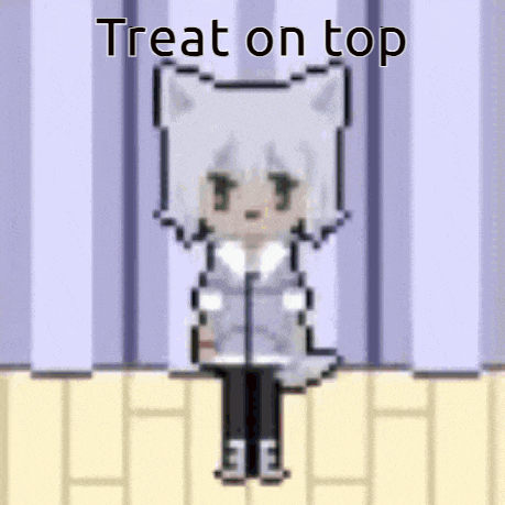 a pixel art character is standing in front of a purple curtain and says treat on top