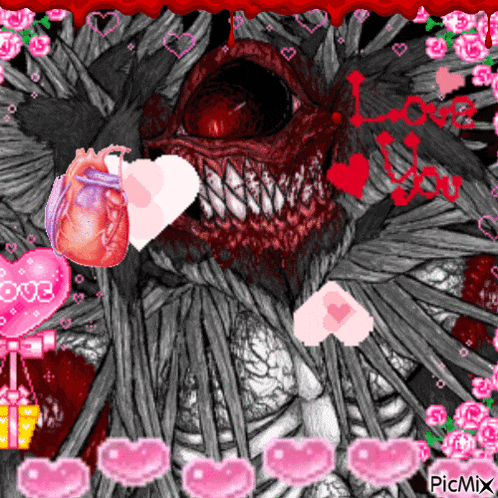 a picture of a monster with a heart in its mouth and a pink heart with the word love on it