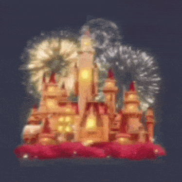 a castle with fireworks in the background and a clock tower .
