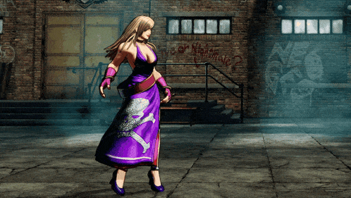 a woman in a purple dress is standing in front of a brick wall that says neo-geo