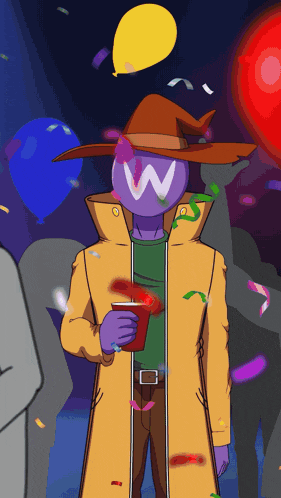 a cartoon character with a w on his face is holding a cup