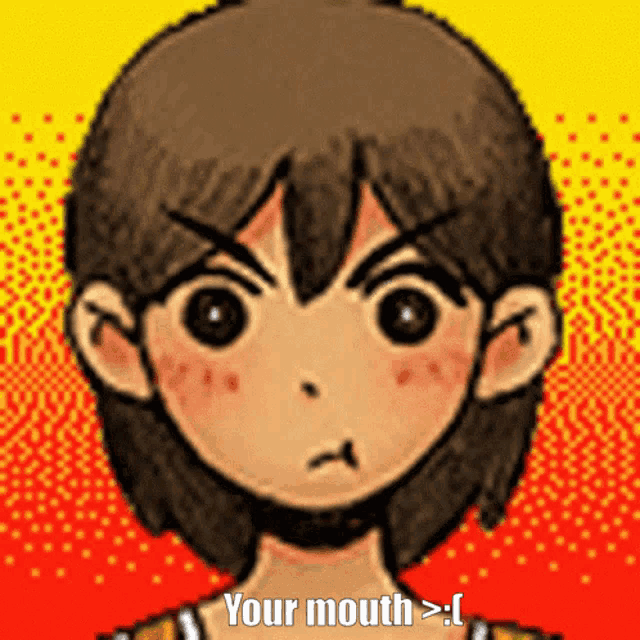 a pixel art of a boy with the words your mouth > !