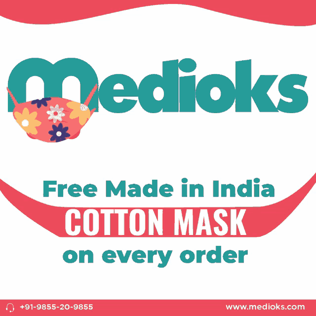 an advertisement for medioks that offers free made in india cotton masks on every order