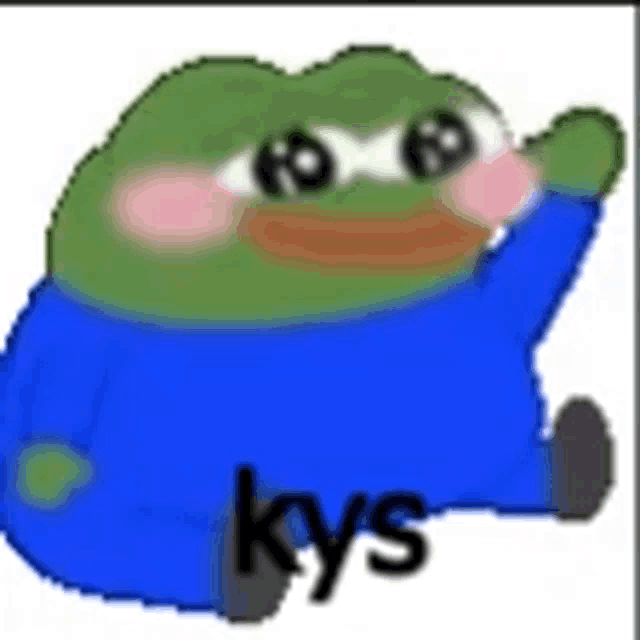 a pixel art of a frog wearing a blue shirt with the word kys .