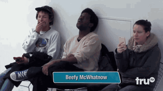 three people are sitting in a waiting room with beefy mcwhatnow at the top