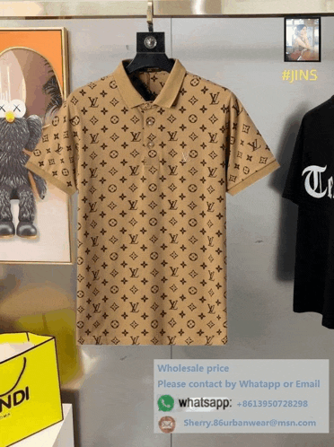 a louis vuitton polo shirt hangs on a rack