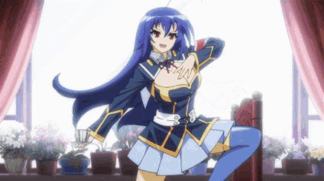 a girl with long blue hair is standing in front of a window