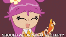 a cartoon girl is holding a slice of pizza and the words should we drive to the left