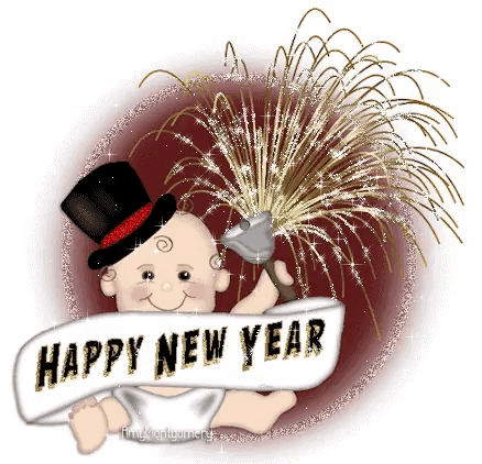 a baby in a top hat is holding a fireworks display and holding a banner that says happy new year