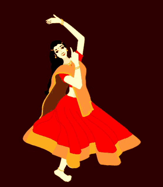 a cartoon of a woman in a red and yellow dress