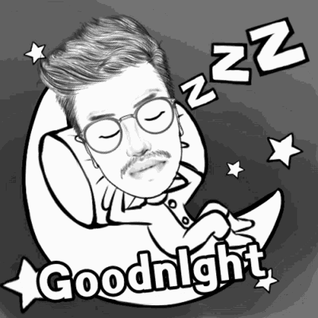 a black and white drawing of a man sleeping on a crescent moon with the words goodnight above him