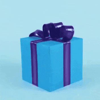 a blue gift box with a purple ribbon and bow .