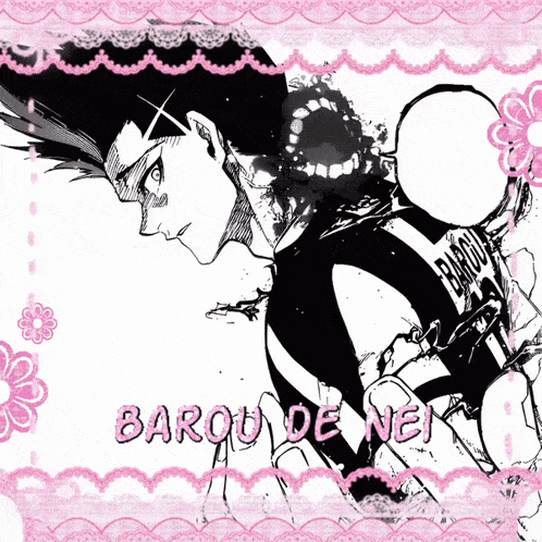 a black and white drawing of a man with the name barou de nei written in pink