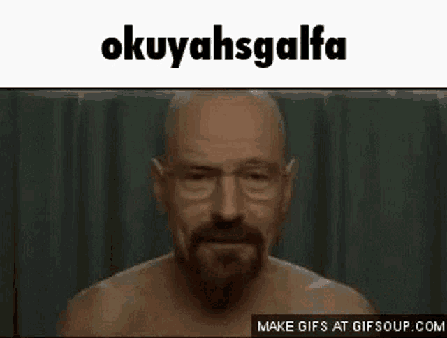 a shirtless bald man with glasses is smiling and making a face .