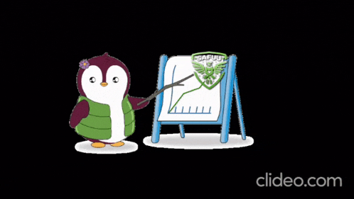 a cartoon penguin is pointing at a board that says " safuut "