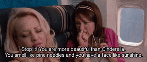 two women are sitting on an airplane and one of them says " stop it you are more beautiful than cinderella " .