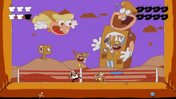 a cartoon scene with a giant building that says vtv on it