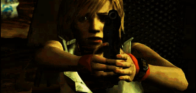 a person holding a gun in front of a flag