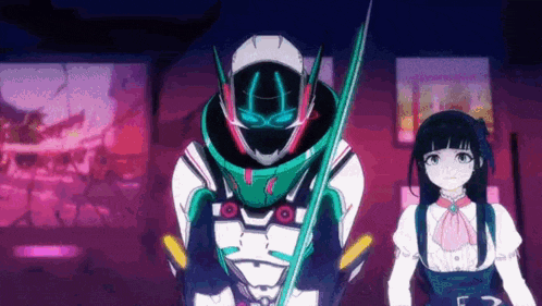 a robot and a girl are standing next to each other in a dark room .