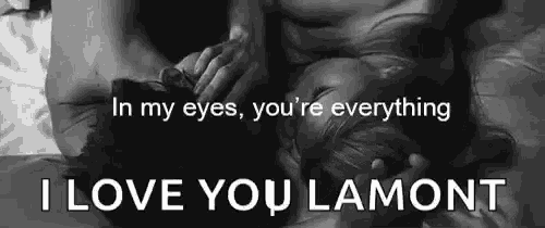 a black and white photo of a couple laying on a bed with a caption that says i love you lamont