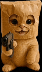 a cat wearing a paper bag on its head holding a gun